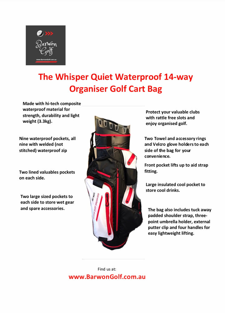 WQO Waterproof 14 way Whisper Quiet Organiser Premium Golf Cart Bag-Smart Tri-Colour.